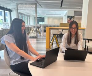 Hannah Press and Rachel Quan, Discovery Synthesis Intern collaborate at BMS cafe in Lawrenceville, NJ